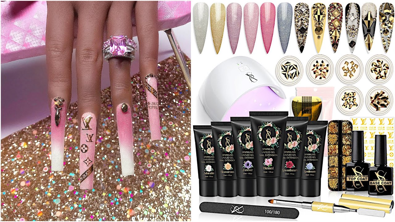 SXC Bridal POLYGEL Kit EXTRA LONG PINK Louis Vuitton Aesthetic Ombre DIY Nails STEP BY STEP