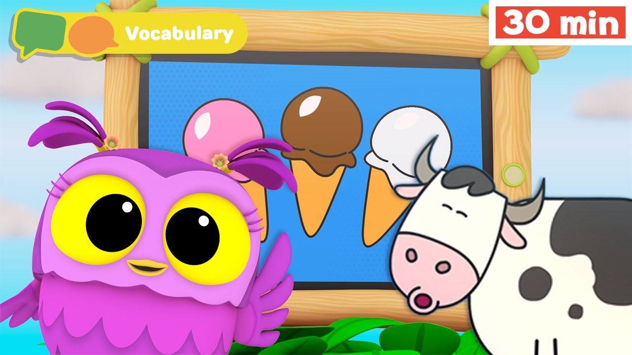 Hoot, Scoot & What | Learn Vocabulary for Kids | First Words | Cow | Ice Cream + | First University