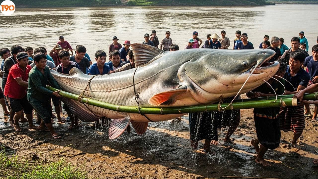 MEKONG RIVER MONSTER! Giant Catfish Caught By Fishermen - The Whole Village Crowded Out To See