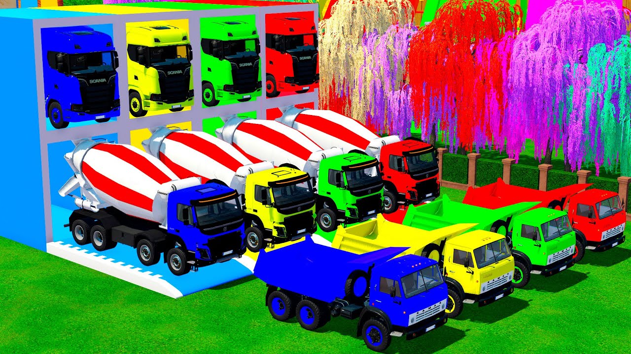 Garage with Colors - ALL MIXER TRUCK WITH DOUBLE FLATBED TRAILER TRUCK, SCANIA, VOLVO, KAMAZ