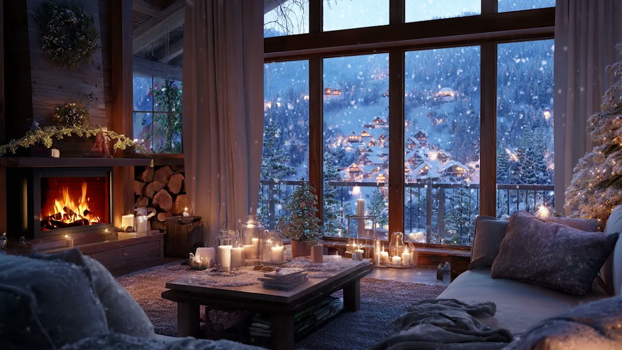 Snowy Winter Cabin Piano Escape | Crackling Fireplace and Night Snow