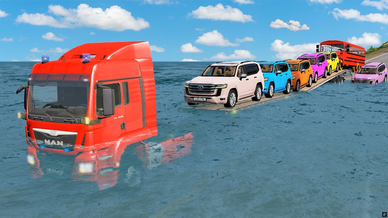 Triple Flatbed Trailer McQueen Transportation with Truck - Speedbumps vs Cars vs Train - BeamNG #23