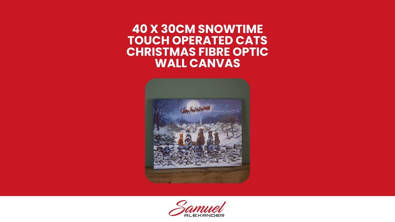 40 x 30cm Snowtime Touch Operated Cats Christmas Fibre Optic Wall Canvas