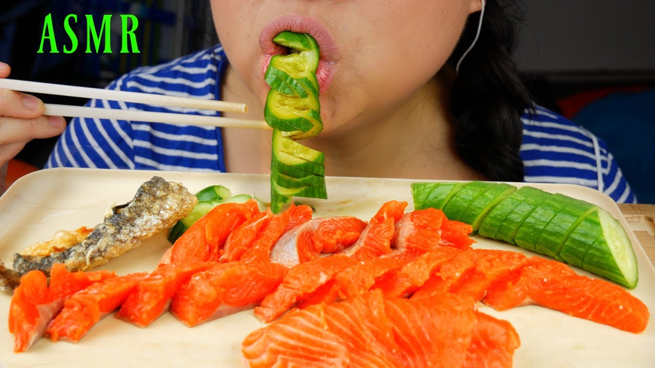CRISPY Salmon Skin + sashimi sushi + cucumbers suellasmr
