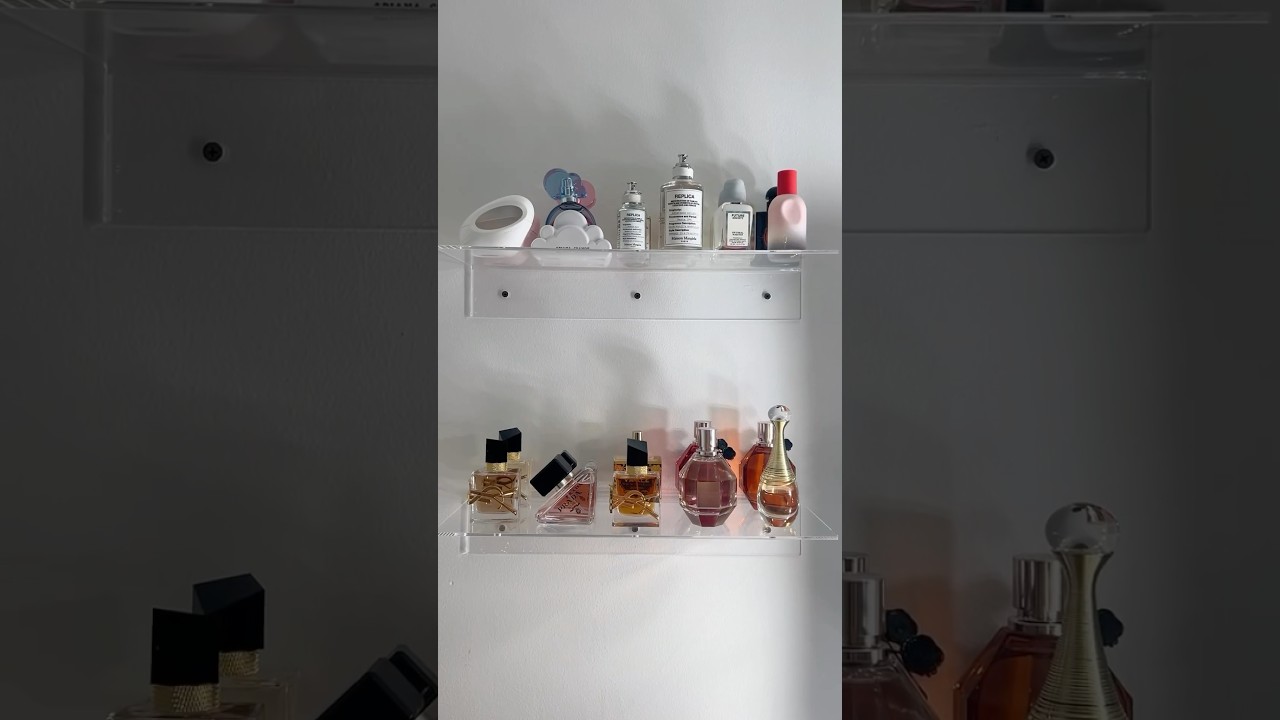 setup my new clear acrylic perfume shelves! #clearshelves #wallshelves #perfume #roomtour #aesthetic