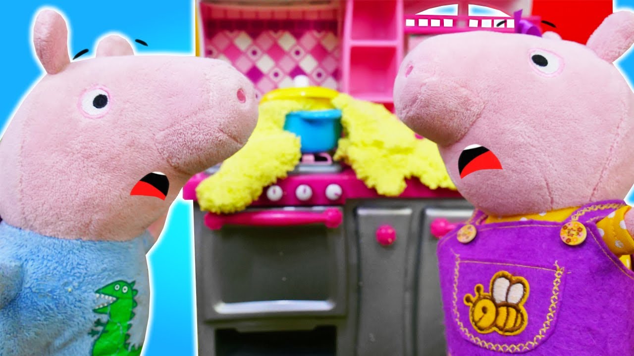 ¡Ten cuidado en la cocina! Las travesuras de Peppa en casa. Videos para niños de juguetes de peluche