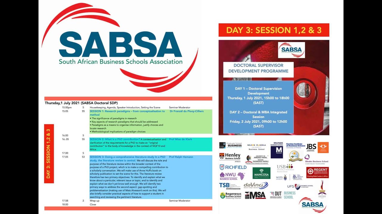 Day 3: SABSA Doctoral Supervisors Programme 1 July 2021: Sessions 1,2 & 3