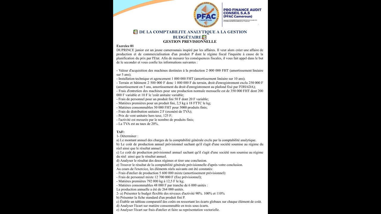 GESTION PREVISIONNELLE LES COÛTS STANDAR OU PREETABLIS CAS 1 Episode 1