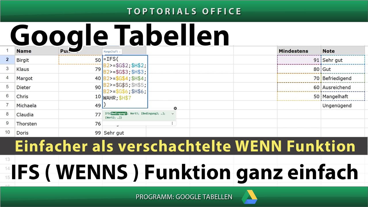 IFS | WENNS Funktion ganz einfach | Einfacher als verschachtelte WENN Funktion ( Google Tabellen )