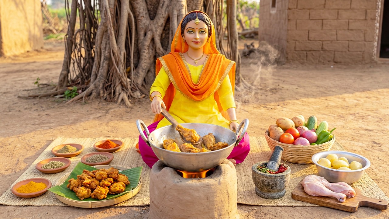 Miniature Doll Cooks Crispy Chicken Pakora 🍗🌳 | Banyan Tree Village Tiny Kitchen ASMR