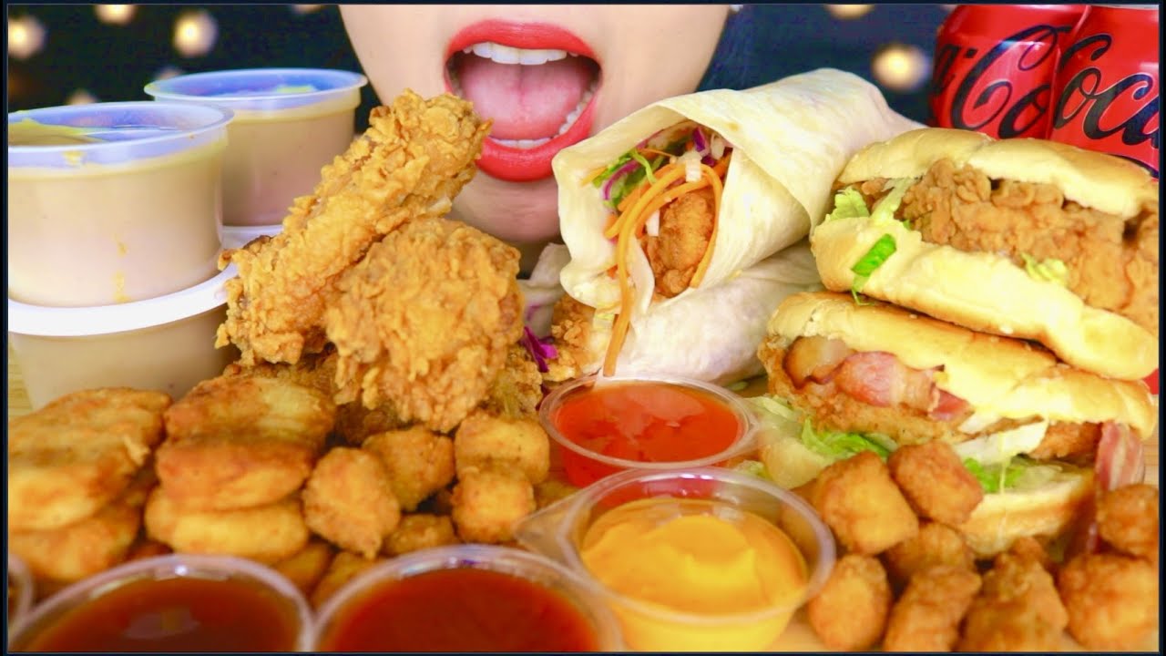 ASMR KFC FRIED CHICKEN, ZINGER WRAP, COLESLAW, GRAVY POTATO, NUGGETS POPCORN CHICKEN EATING 咀嚼音 | 먹방