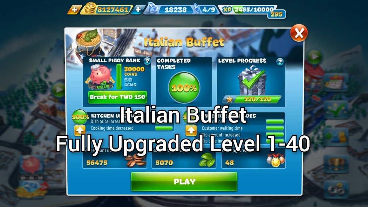 Cooking Fever-Italian Buffet Level 1-40 (3 Stars) Fully Upgraded