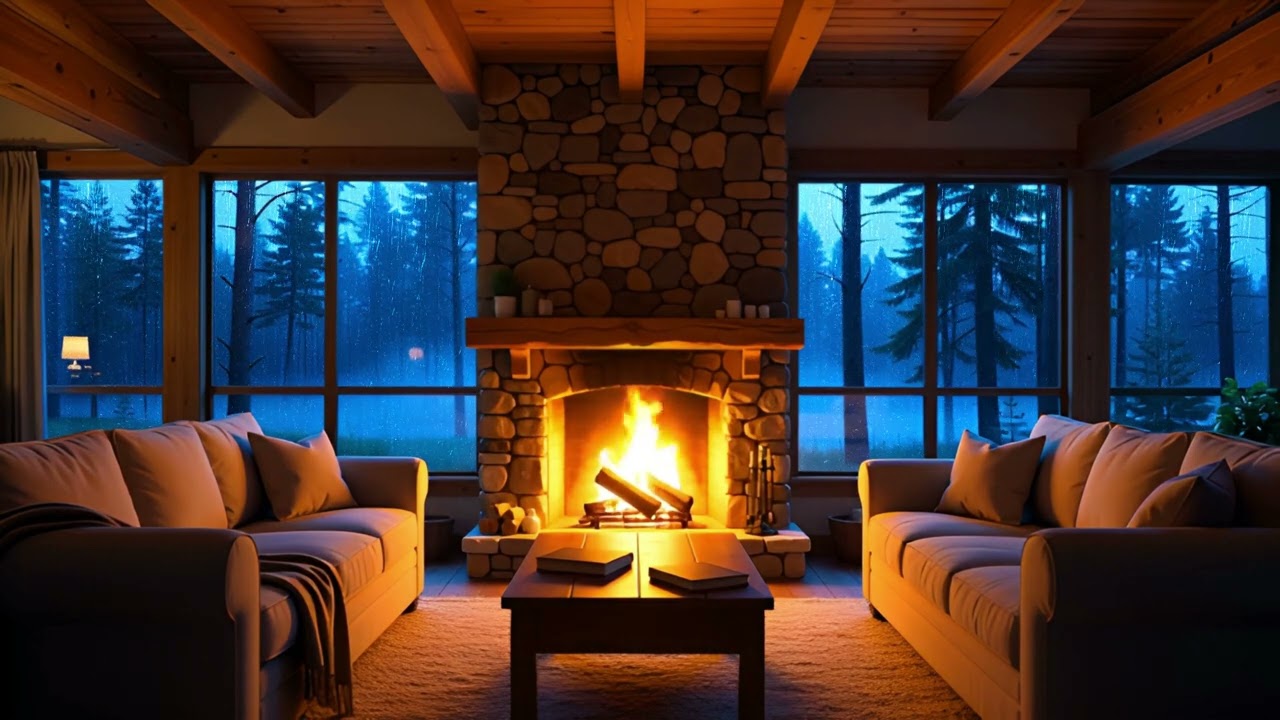Cozy Living Room Fireplace & Gentle Rain | 8 Hours Deep Sleep Ambience (No Music)