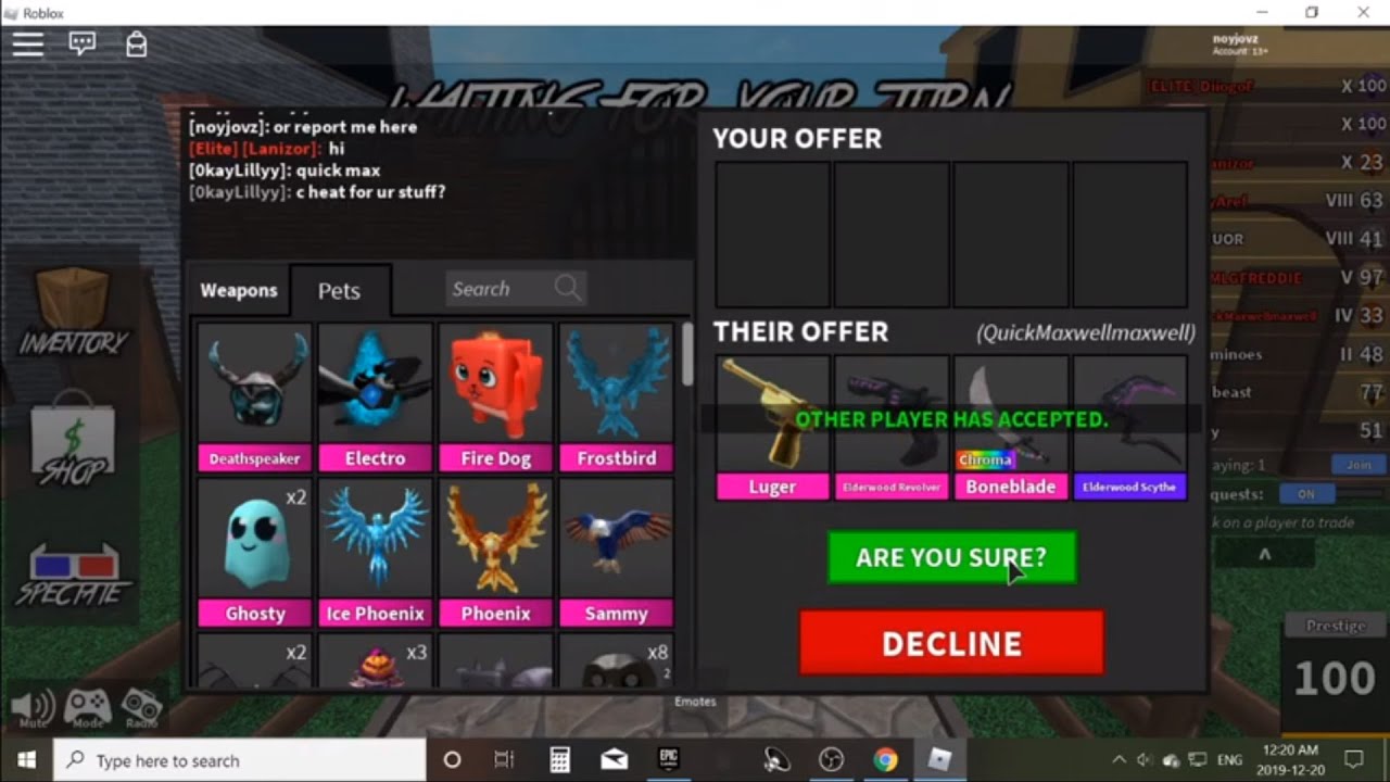 TRADING E3 FOR CBB, ELDERWOOD SET, LUGER AND MORE!!! (Murder Mystery 2)