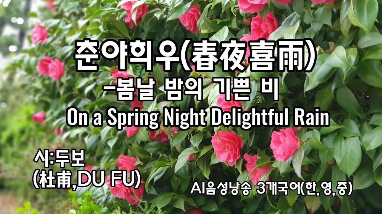 춘야희우(春夜喜雨), 봄날 밤의 기쁜 비, 두보(杜甫)의 시,On a Spring Night Delightful Rain. AI음성낭송 3개국어(한,영,중)