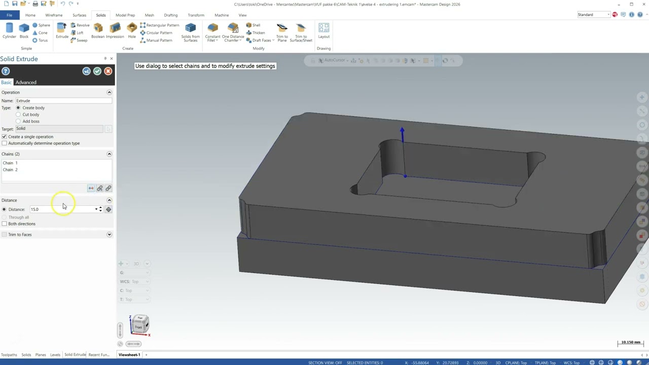 Extrudering i Mastercam 2026 (opgave 2)