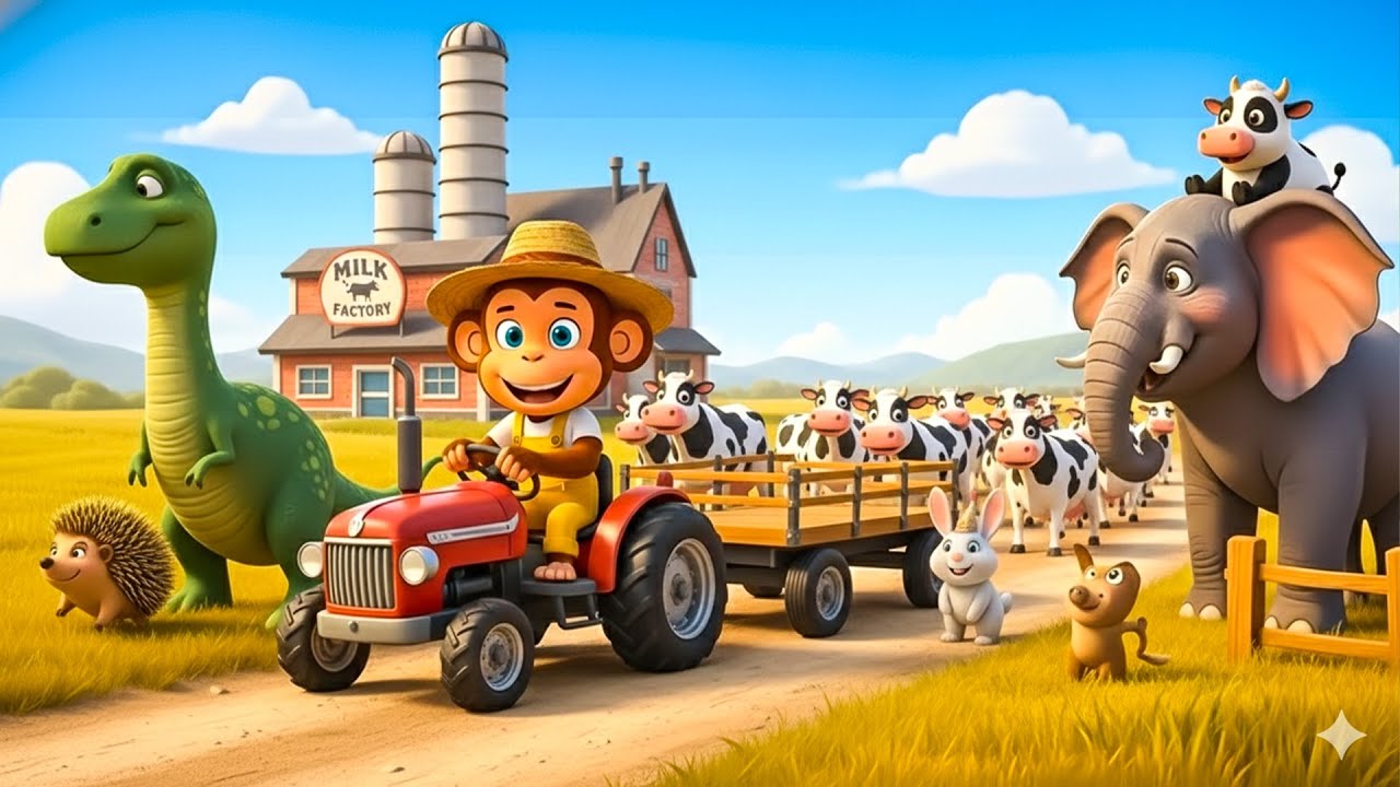 KiKi the Monkey Farmer Leads Cows to the Milk Factory | Funny Monkey Kids Farm Work Show 🐒🐄🥛🚜