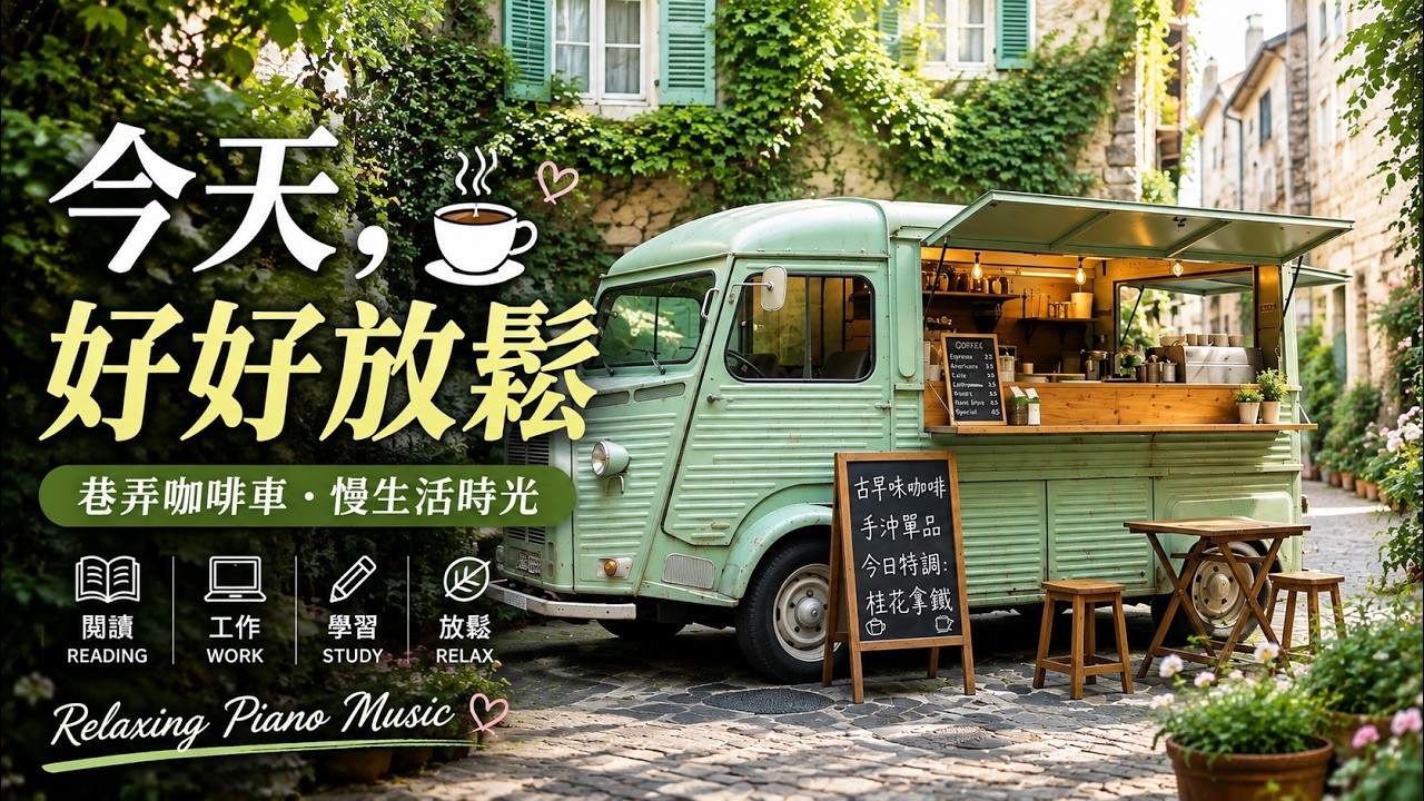 【RELAXING PIANO BGM】歐洲小巷咖啡車的慢生活時光☕綠意環繞與溫暖燈光交織，鋼琴旋律輕柔流動，讓心慢慢沉靜，療癒焦慮與疲憊🌿適合閱讀／學習／工作／放鬆