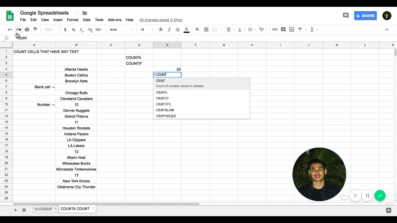 Google Spreadsheet count cells that contain any text
