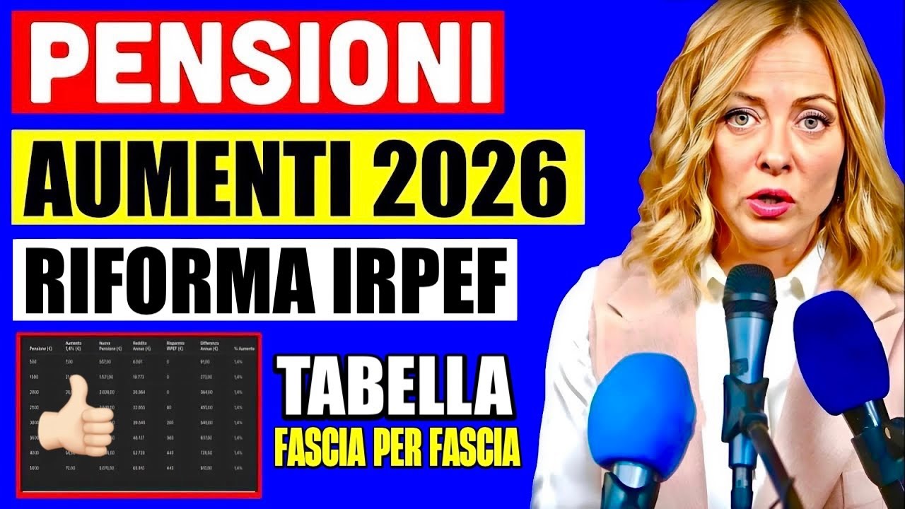PENSIONI  👉 NUOVI AUMENTI RIFORMA IRPEF 2026! TABELLA ESEMPI E IMPORTI FASCIA PER FASCIA💰