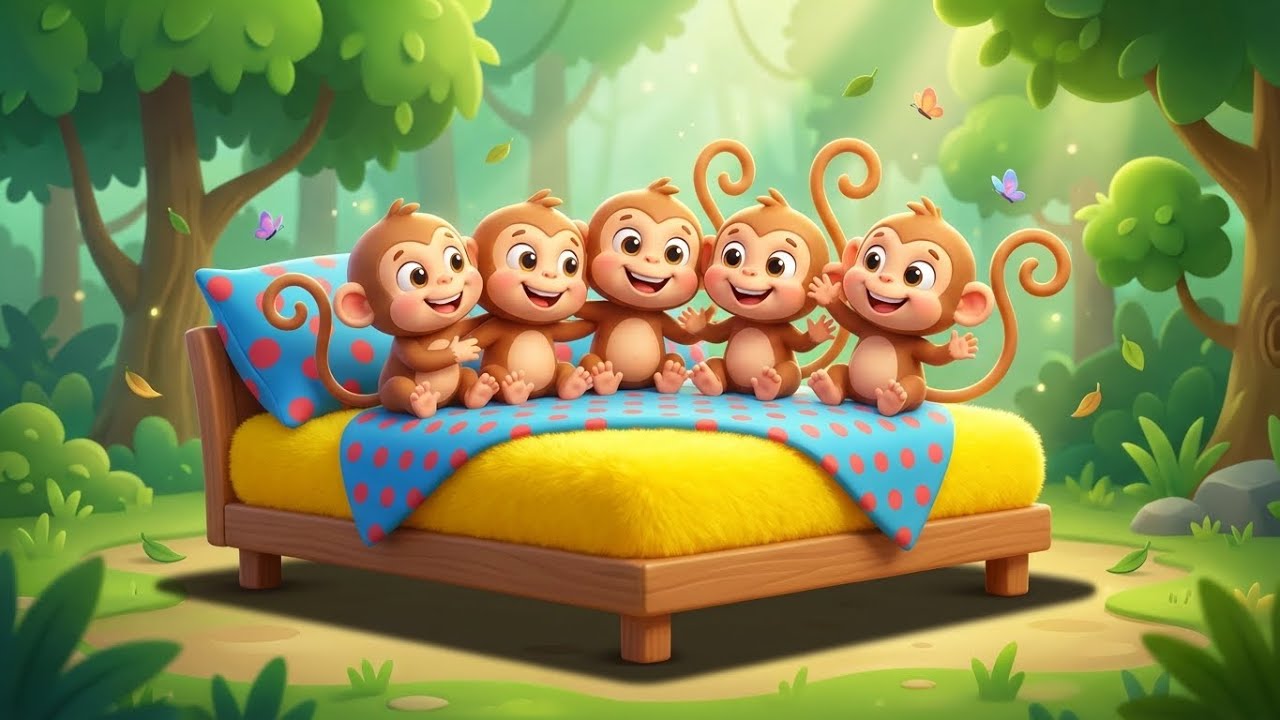 Cinco monitos saltaban en la cama | Canciones infantiles | Canción Divertida para Niños