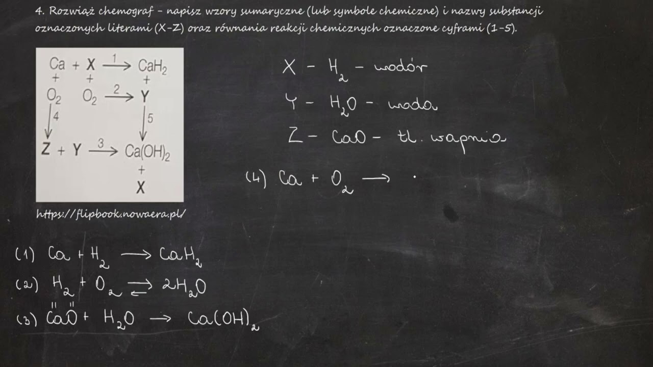 4. Rozwiąż chemograf - napisz wzory sumaryczne (lub symbole chemiczne) i nazwy substancji Ca+X &rarr;CaH2