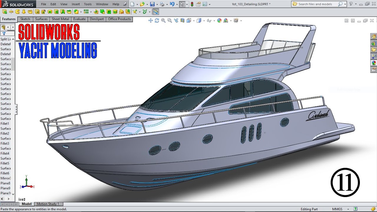 Modern Yacht 3D Design in SolidWorks Part-11 | SolidWork Advance Surface Modeling | SW Master Course