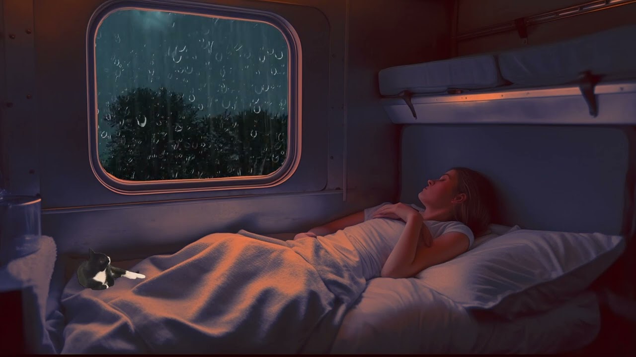 Lluvia ultra relajante en el tren la por noche - sonido de lluvia y truenos en bosque brumoso