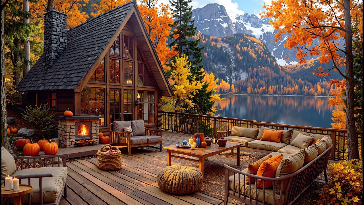 Cozy Autumn Caf&eacute; by the Lake 🔥 Smooth Jazz and Warm Fireplace Ambience for Relaxation