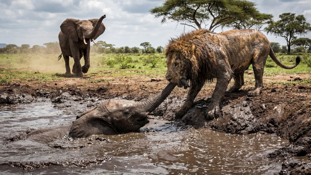Lion Rescues a Baby Elephant Trapped in a Swamp, What the Mother Did Next Is Unbelievable