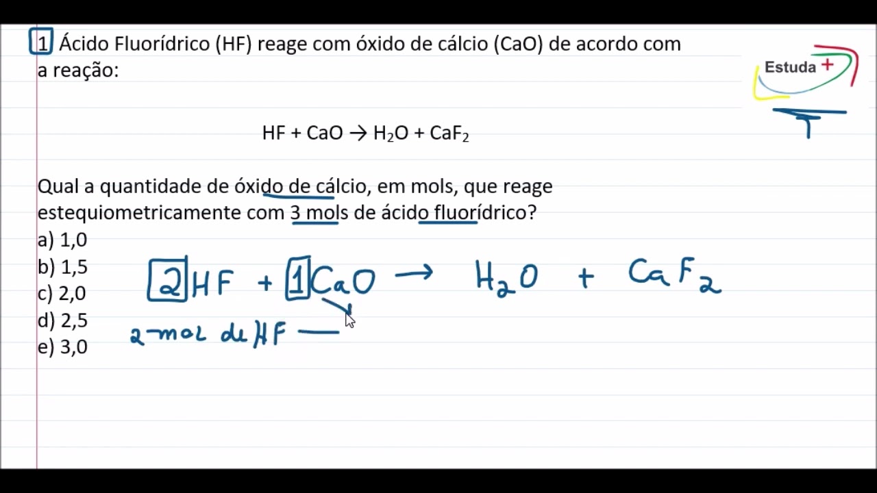 Qual a quantidade de óxido de cálcio, em mols, que reage com 3 mols de ácido fluorídrico?