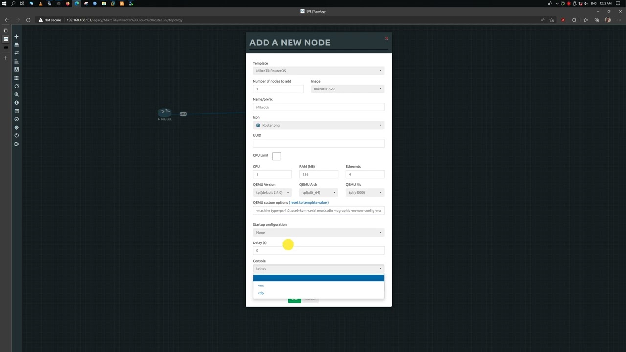 Добавление роутера Mikrotik Cloud в eve-ng