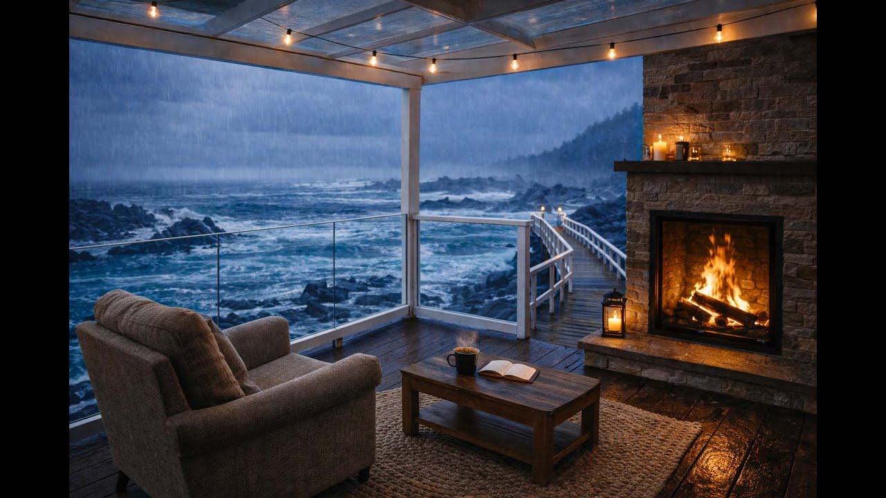 Ocean Waves & Fireplace Sounds | Cozy Rainy Night by the Sea | Deep Sleep Ambience