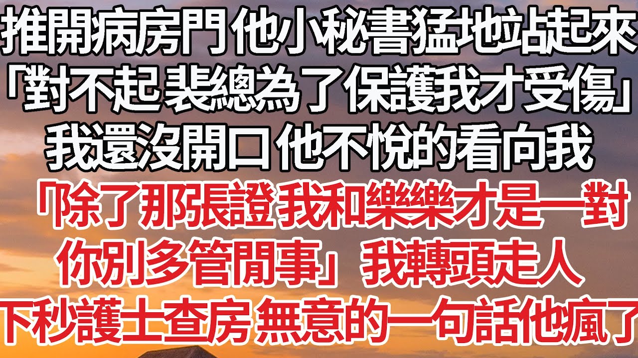 【完結】推開病房門 他小秘書猛地站起來，「對不起 裴總為了保護我才受傷」我還沒開口 他不悅的看向我，「除了那張證 我和樂樂才是一對，你別多管閒事」我轉頭走人，下秒護士查房 無意的一句話他瘋了#婚姻