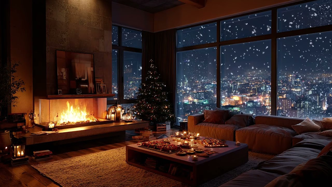 Calm Snowy Cabin Piano Night Atmosphere | Warm Fireplace and Soft Snow