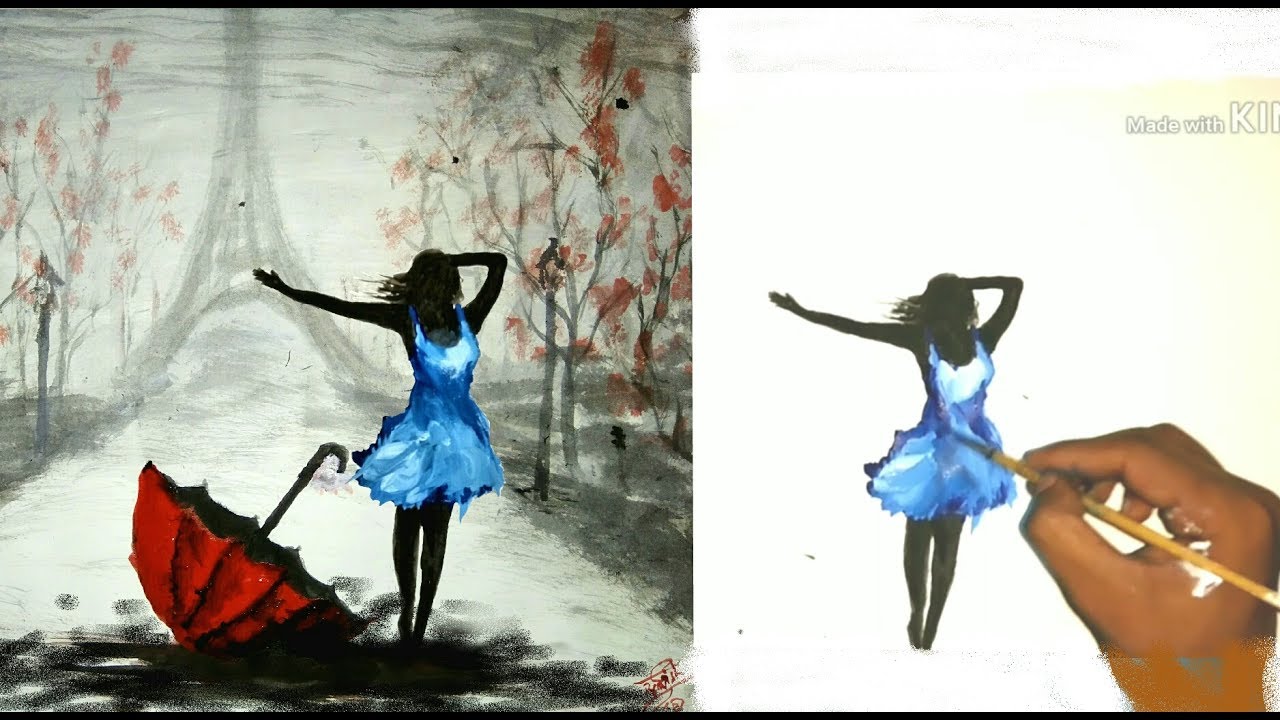 A girl  || in the rain || barish || illusion water colour painting ||by artist ||Pravish Rahi.