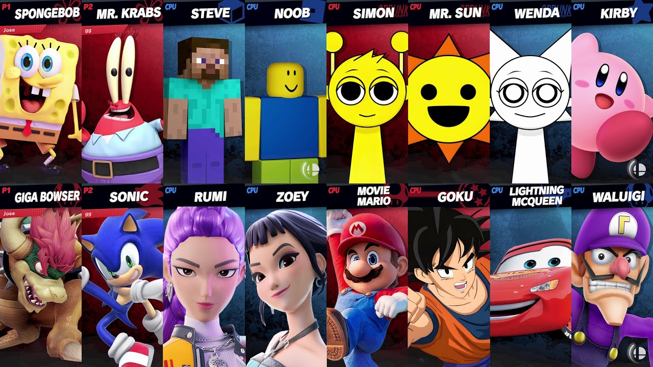 Sonic vs Mario vs SpongeBob vs Roblox vs Minecraft vs Car vs Fortnite | Super Smash Bros Ultimate