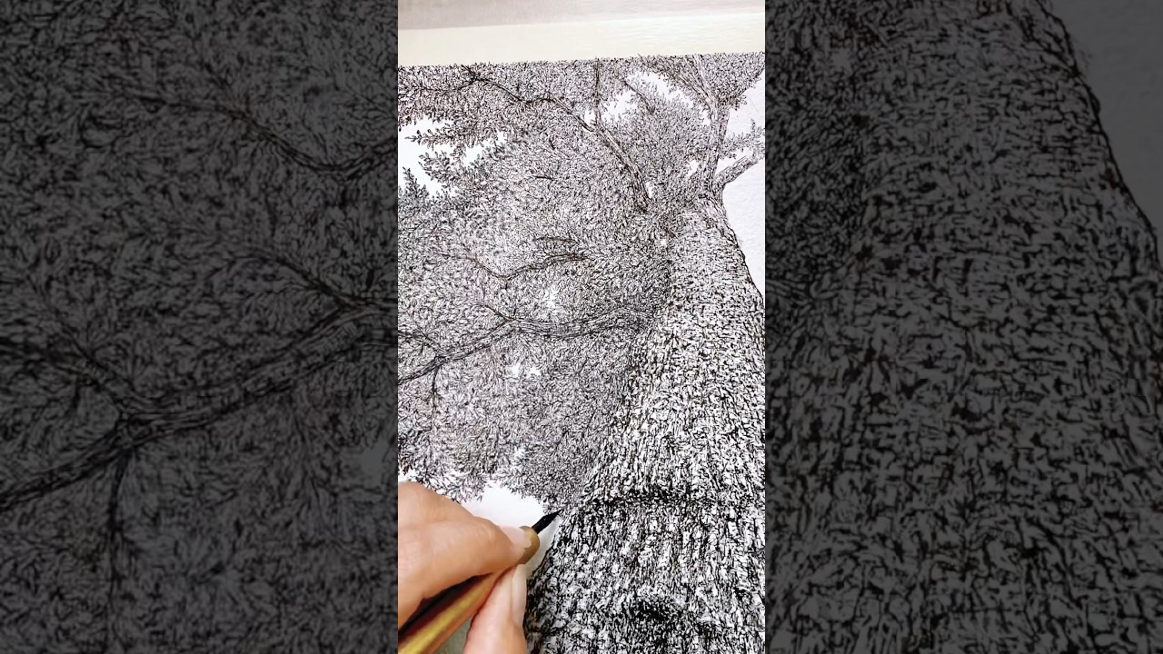 Extreme detail ink drawing - every leaf of an oak tree. #art #inkart