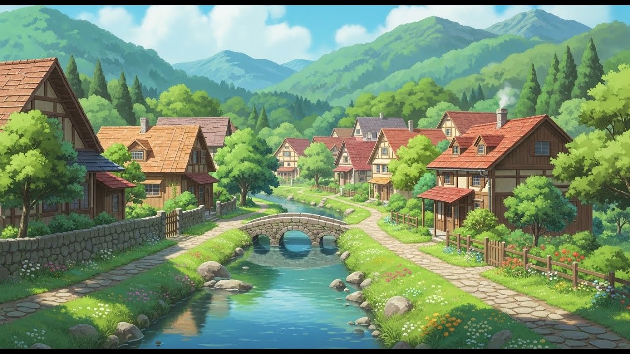 Спокойное деревенское утро на велосипеде | В стиле Ghibli