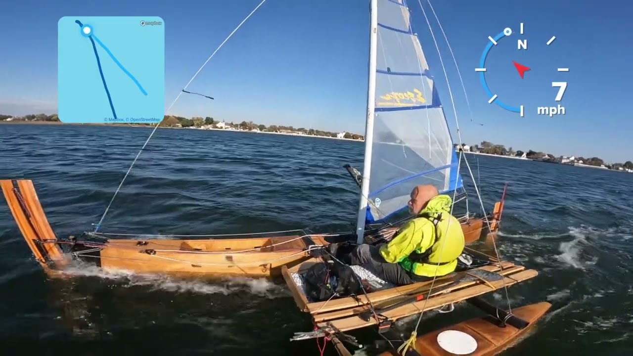 Crazy Proa Project. Upwind/downwind in 7-10 knots of wind.