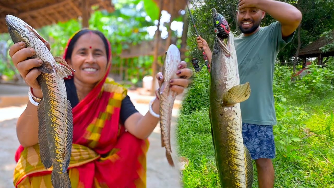 নকল ব্যাঙ দিয়ে শোল ধরে মায়ের হাতে শোল মাছের টকঝোল রান্না খাওয়া | Shol mach tokjhol recipe | fishing