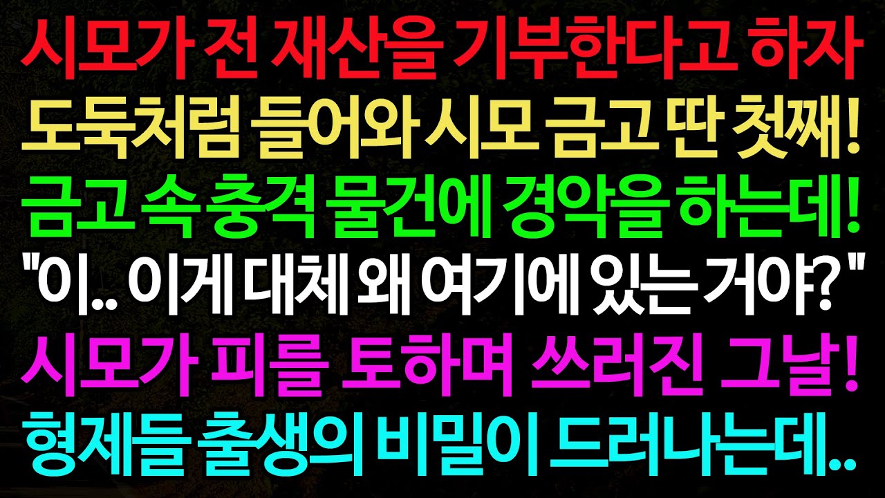 실화사연-시모가 전 재산을 기부한다고 하자 도둑처럼 들어와 시모 금고 딴 첫째! 금고 속 충격 물건에 경악을 하는데! /실화사연/신청사연/사이다썰/반전사연/사연라디오