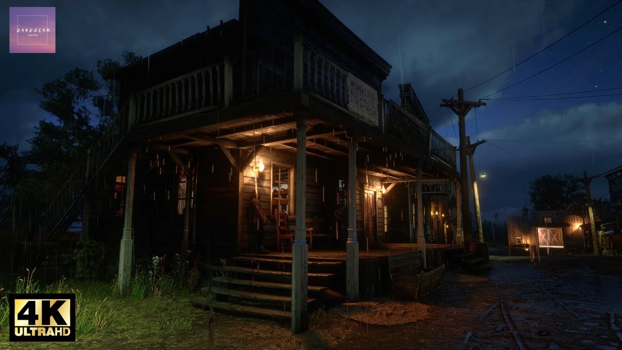 Walking in the Rain at Night in Red Dead Redemption 2 - Valentine [ Relaxing Rain Ambience ]
