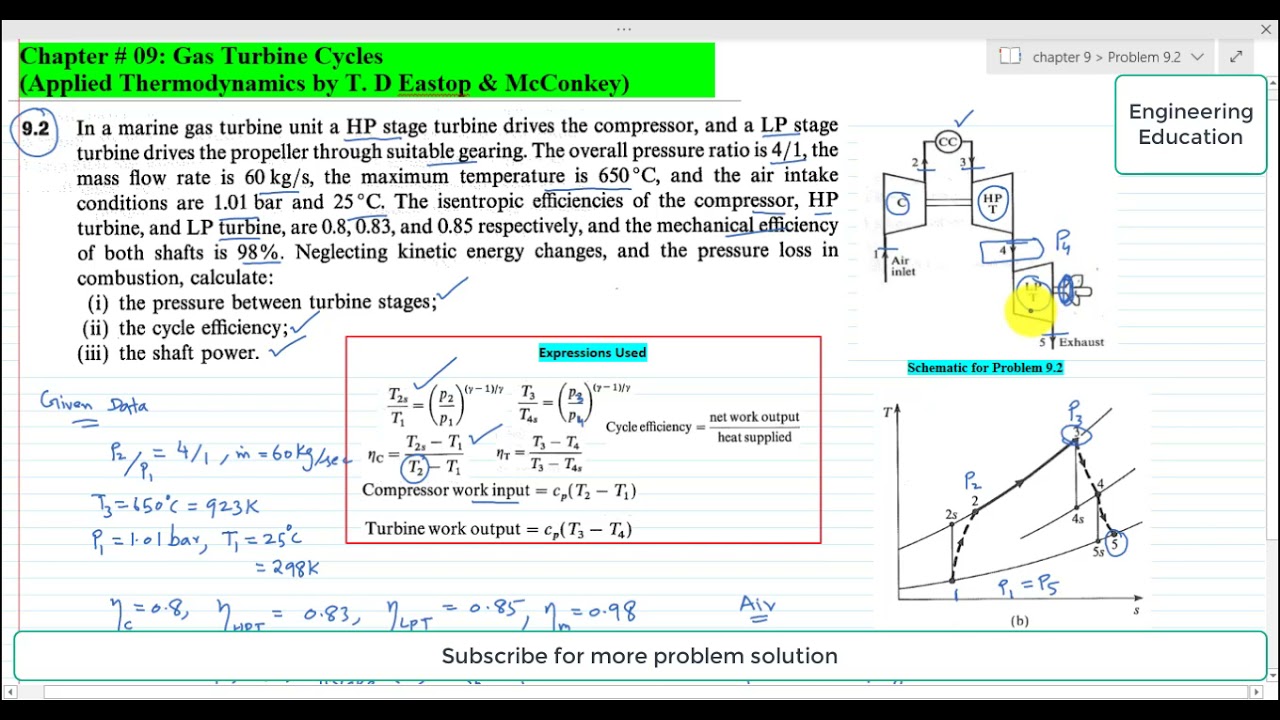 Problem#9.2: Calculating pressure b/w turbine stages, cycle efficiency and shaft power| Gas Turbines