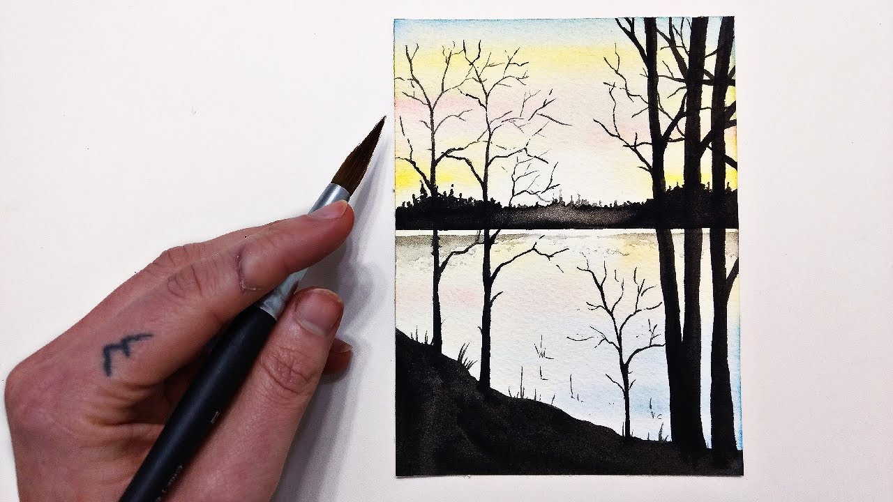 How to paint a summer lake step by step » Easy watercolor lake painting for beginners tutorial