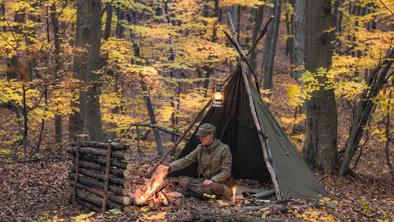 Bushcraft Overnight Camping - Polish Lavvu Tent - Fall Camp - Campfire Cooking