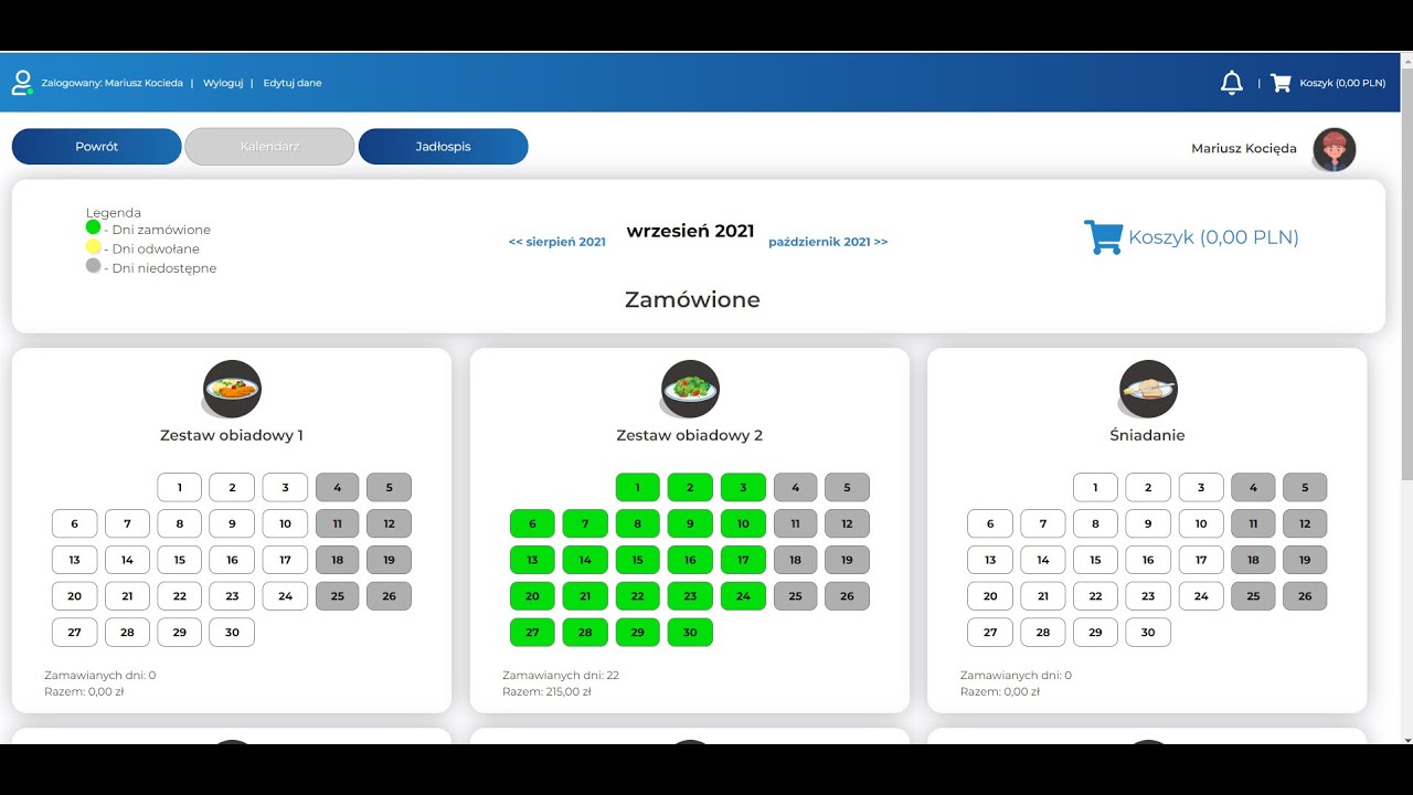 e-Stoł&oacute;wka| LOCA | Zamawianie posiłk&oacute;w i produkt&oacute;w w wersji na komputer | widok kalendarza