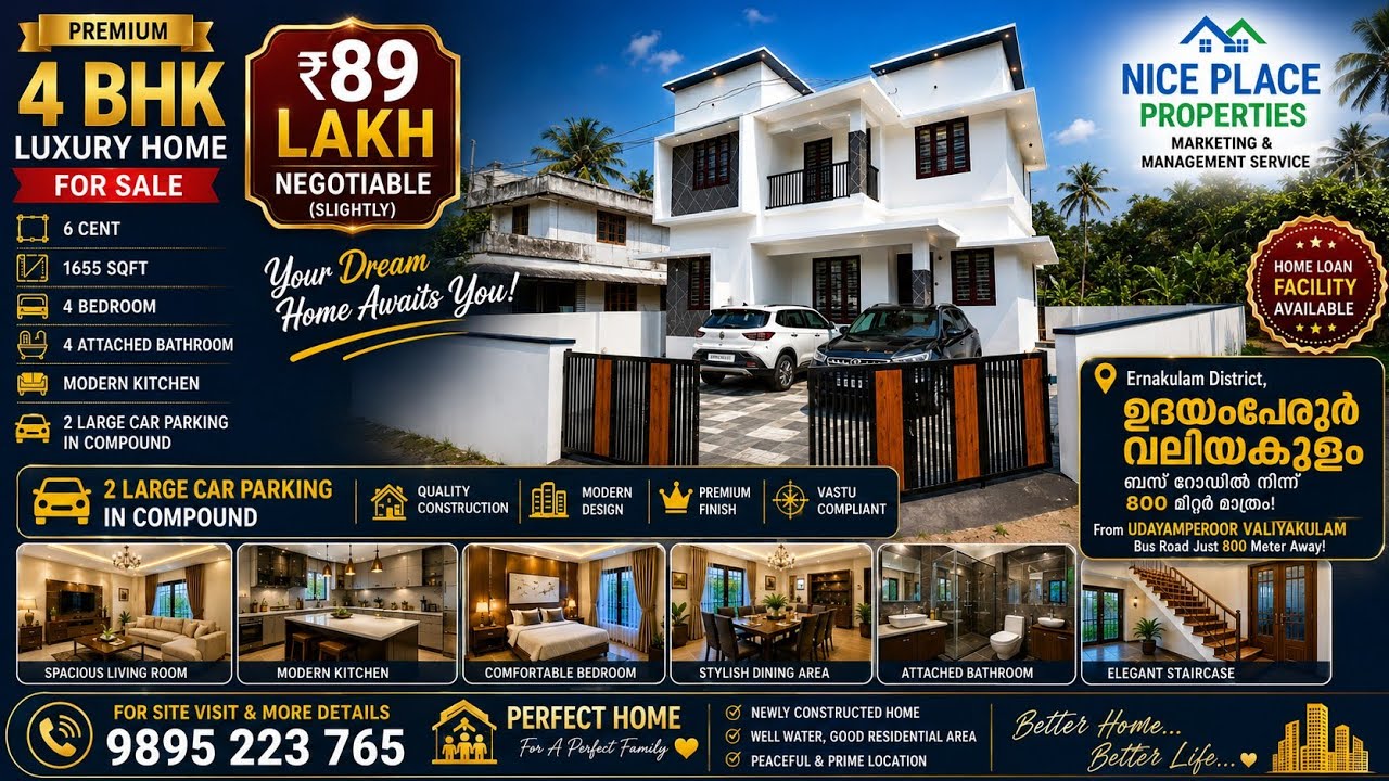 6 Cent's land 1655 sqft 4 bhk brand new house for sale ₹ 89 lakhs 