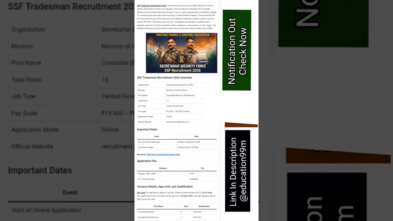 ✅ Secretariat Security Force (SSF) Tradesman Recruitment 2026 Notice OUT#ssf#yt#job#vacancy#viral