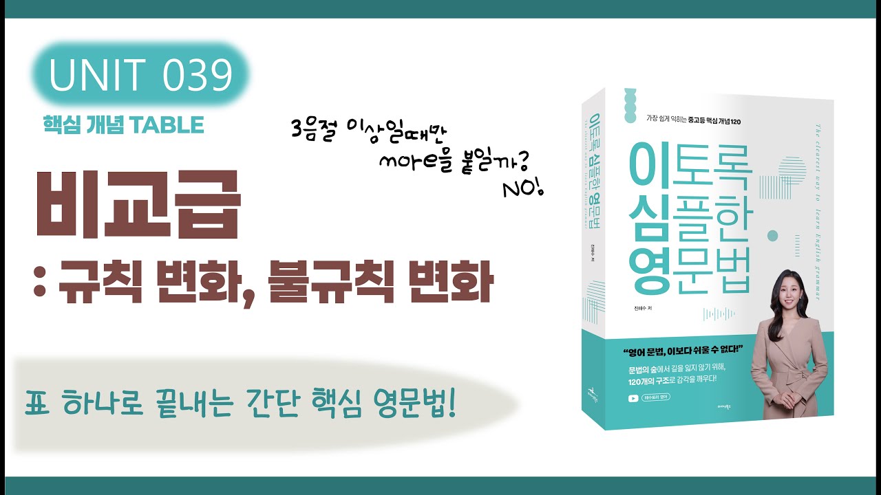 비교급: 규칙 변화와 불규칙 변화 | -er, more, 불규칙 비교급 정리 | 영어 문법 강의 (이토록 심플한 영문법 교재 UNIT 39)